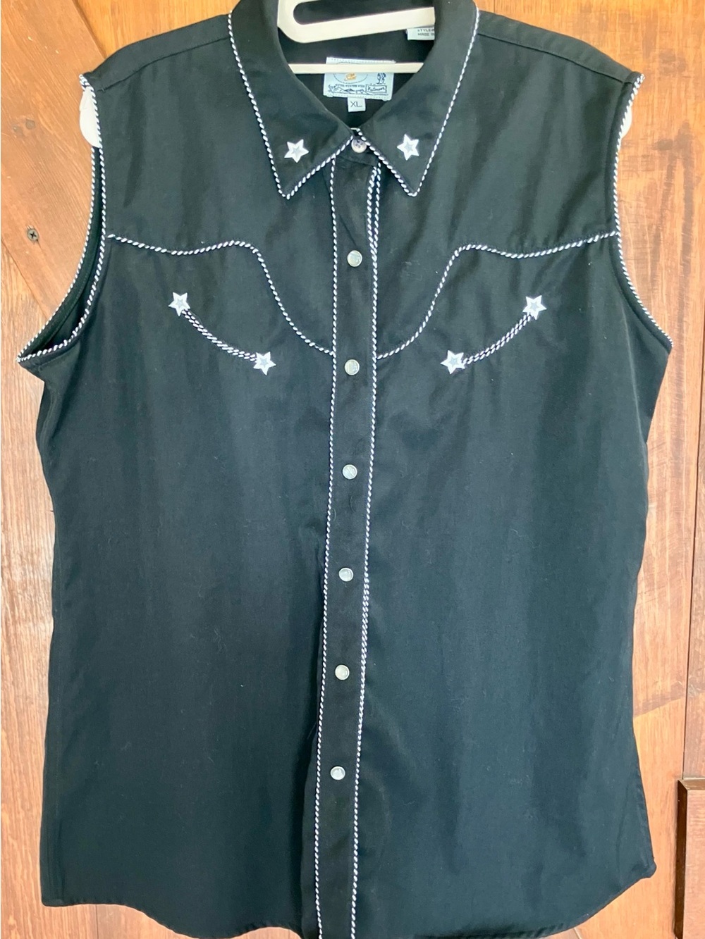 Panhandle Slim Black Sleeveless Western Snap-Front Shirt with White Trim
